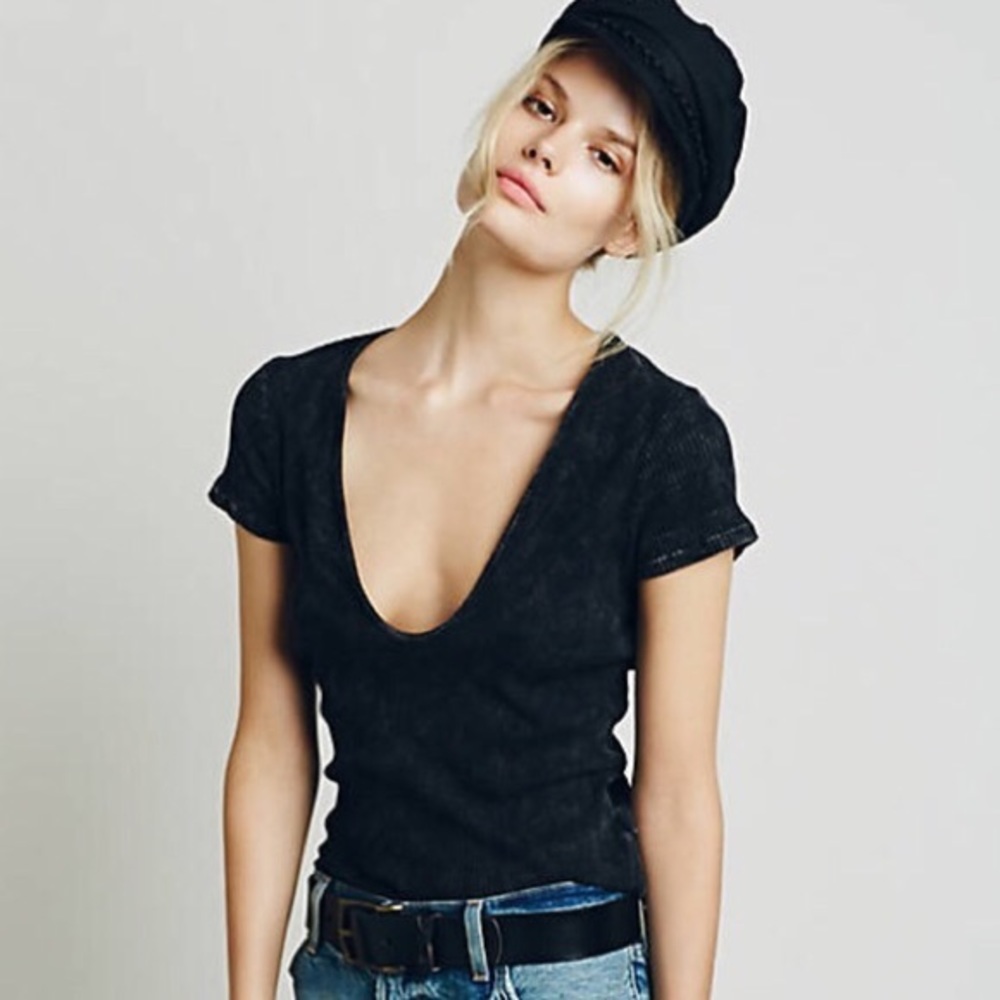 Free People Deep V Tee in Washed black/gray